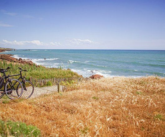 Un couple à vélo sur les dunes regardant la mer
