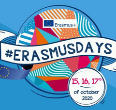 infographie avec texte : "#ErasmusDays. 15,16,17th of october 2020. logo Europe Erasmus +"