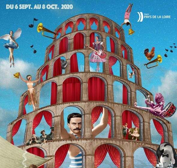 Affiche : Le Chainon en région du 6 sept. au 8 oct. 2020 (arts de la rue, jeune public, musique, humour, théâtre, danse, cirque), logos : Région des Pays de la Loire, Reseau Chainon