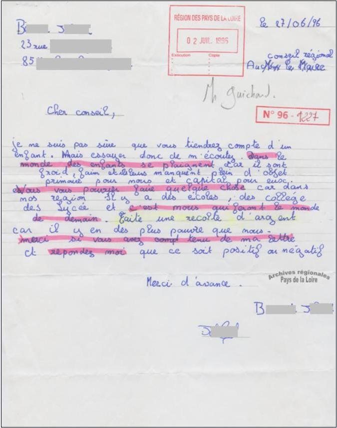 Courrier envoyé par un enfant au Président du Conseil régional (1996) 