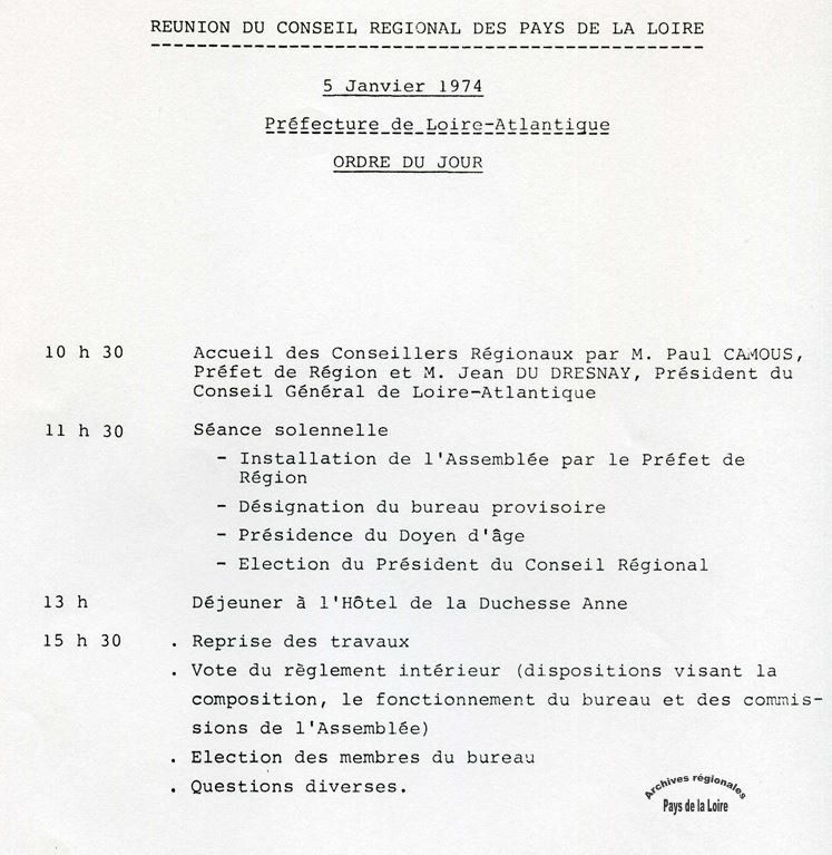 Ordre du jour de la réunion du Conseil régional des Pays de la Loire du 5 janvier 1974 (décembre 1973).