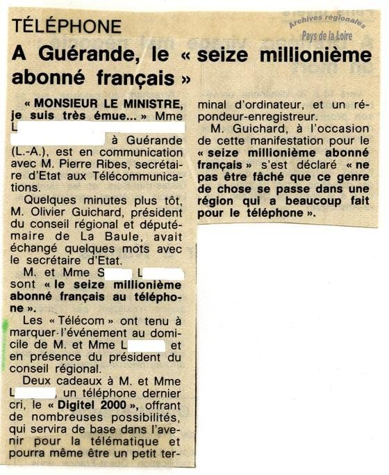 Article de presse pour le "16 millionième abonné français" (1981)