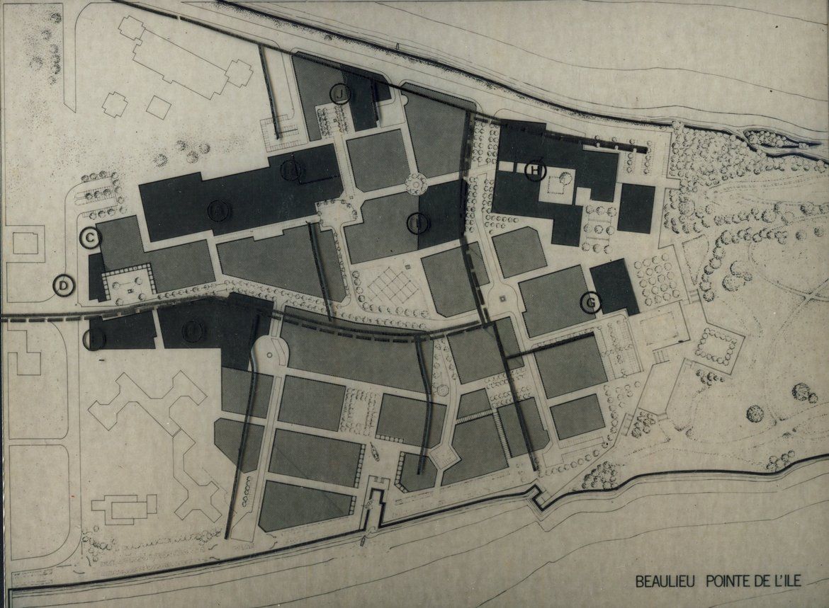 Plan d'un des projets d'aménagement de la pointe de l'Ile Beaulieu à la fin des années 70.