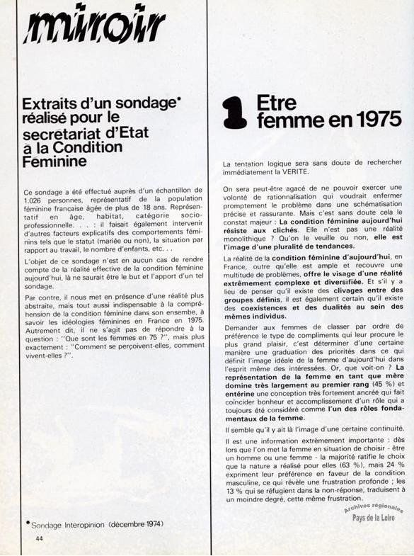 Extrait d'un sondage réalisé fin 1974 pour le Secrétariat d'Etat à la Condition féminine, et publié dans la revue Connaissance des Pays de la Loire en mars 1975