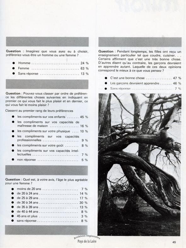 Extrait d'un sondage réalisé fin 1974 pour le Secrétariat d'Etat à la Condition féminine, et publié dans la revue Connaissance des Pays de la Loire en mars 1975.
