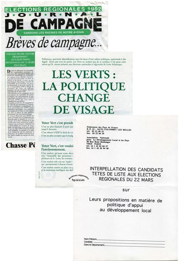 Exemples de documents typiques des élections locales : tracts, bulletins de campagne des listes candidates, courrier d’interpellation des candidats… - ici pour les élections régionales de 1992. 