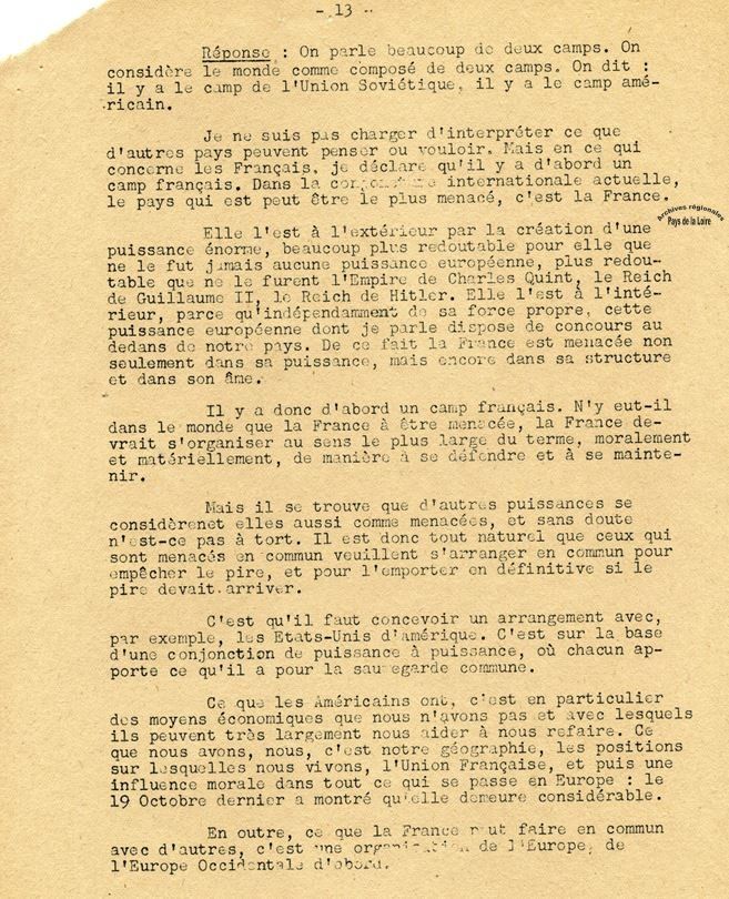 Extrait du texte dactylographié de la conférence de presse du général De Gaulle de novembre 1947 (Archives Olivier Guichard).