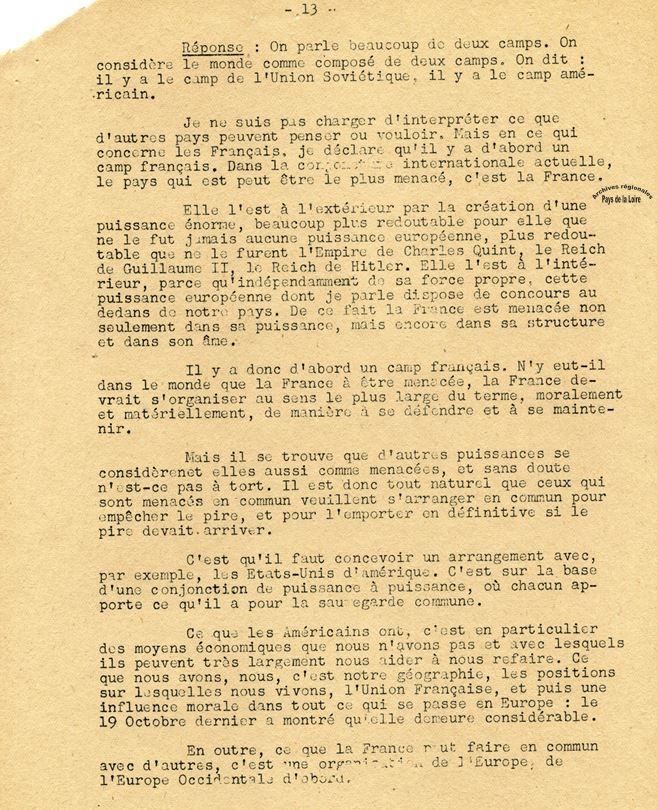 Extrait du texte dactylographié de la conférence de presse du général De Gaulle de novembre 1947 (Archives Olivier Guichard).