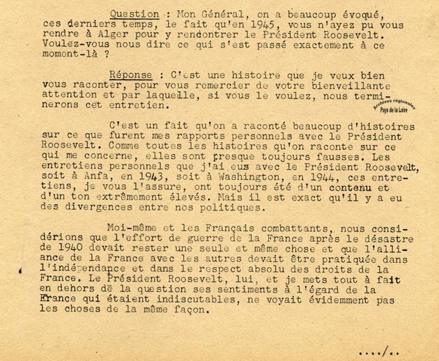 Extrait du texte dactylographié de la conférence de presse du général De Gaulle de novembre 1947 (Archives Olivier Guichard). ©Archives régionales Pays de la Loire