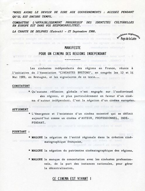 Manifeste de cinéastes reçu par l’Association régionale pour la promotion de la création audiovisuelle (ARPCA) (1989).