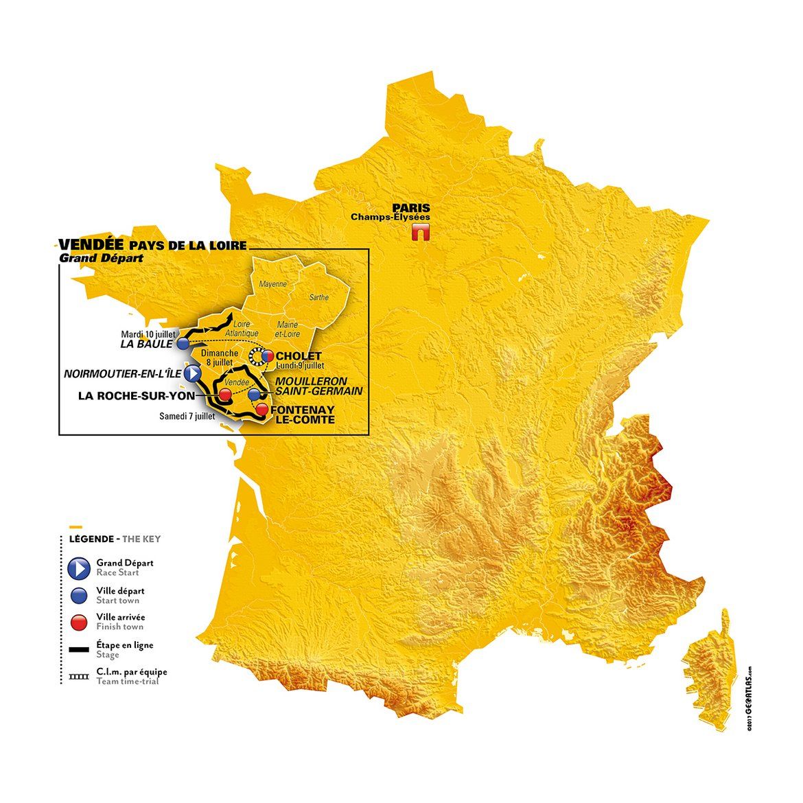 carte du parcours en Pays de la Loire du Tour de France 2018