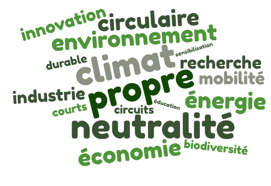 Nuage de mots Green Deal : innovation, circulaire, environnement, durable, climat, sensibilisation, recherche, mobilité, industrie, propre, courts, circuits, éducation, énergie, neutralité, économie, biodiversité