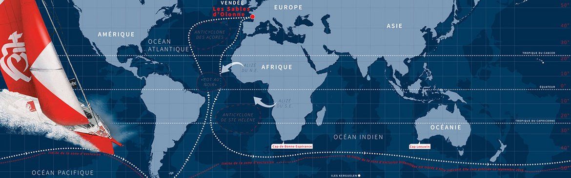 carte du globe visualisant le parcours du Vendée Globe, de l'océan atlantique, en passant par les océans pacifique et indien.