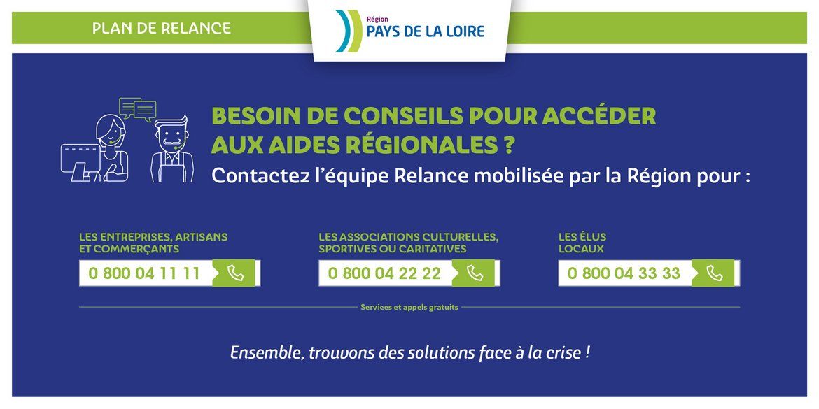 Visuels présentant les différents numéros verts du Plan de relance régional, intitulé "Besoin de conseils pour accéder aux aides régionales : contactez l'équipe régionale mobilisée par la Région"