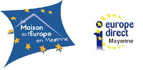 Logo bleu avec texte : Maison de l'Europe en Mayenne entouré d'étoiles jaunes. A droite, un i entouré d'étoiles jaunes avec le texte Mayenne.