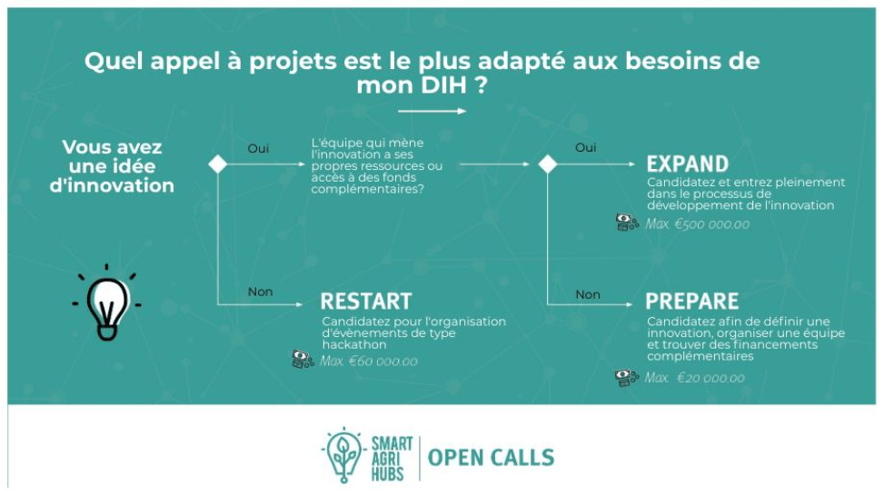 Schéma avec pour thème : Quel appel à projets est le plus adapté au projet de mon DIH ?