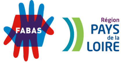 Deux mains, une rouge et une bleue qui forment le logo du projet FABAS, et le logo de la Région à droite