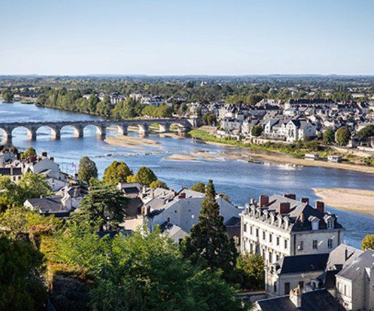 Point de vue sur la Loire depuis le village de Montsoreau avec pont en arrière-plan 