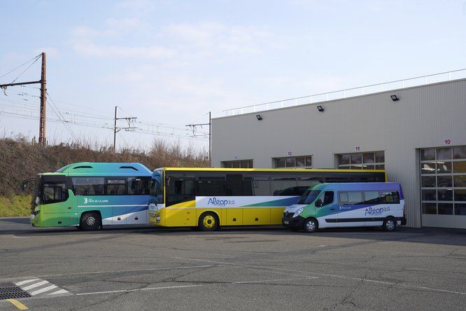 2 car et un mini bus au couleur d'aléop alignés au terminus