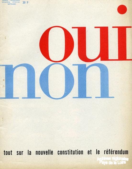 Couverture de la brochure sur la préparation de la constitution de 1958 (1956-1958) « Oui Non. Tout sur la nouvelle constitution et le référendum », 32 p., Imp. Georges Lang, Paris, s.d. [1958].
