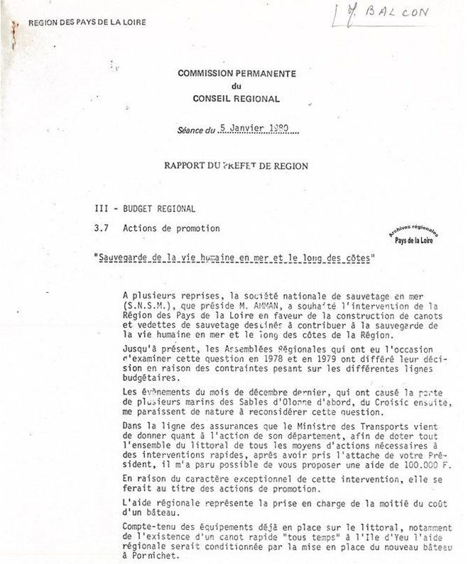 Extrait du rapport du Préfet de région lors de la séance du 5 janvier 1980 de la Commission permanente du Conseil Régional concernant une aide exceptionnelle à la SNSM.