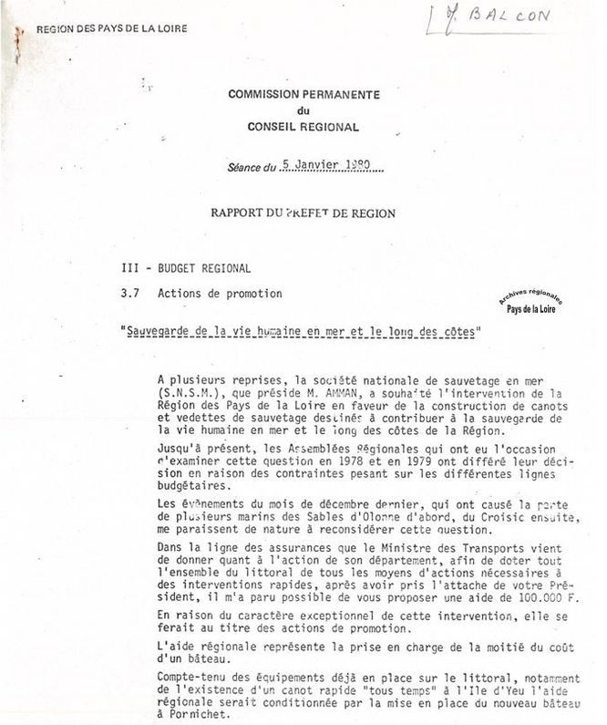 Extrait du rapport du Préfet de région lors de la séance du 5 janvier 1980 de la Commission permanente du Conseil Régional concernant une aide exceptionnelle à la SNSM.