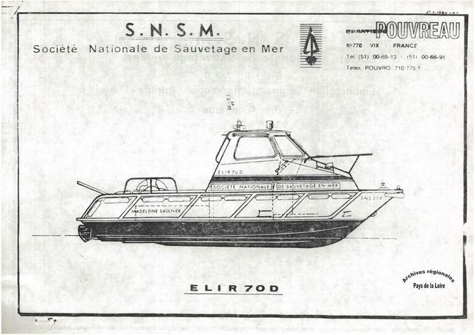 Fiche technique d’une embarcation légère d’intervention rapide (ELIR) (26 nœuds) envoyée en 1982 au Conseil régional, envisagée pour la station de L’Herbaudière.