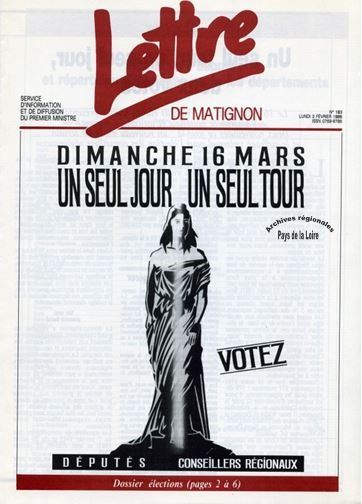 Photo de la revue Lettre de Matignon, concernant les élections régionales de 1986.