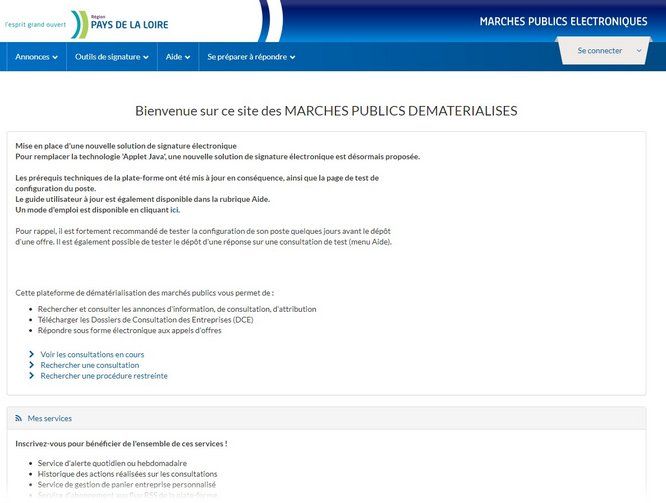 Capture d'écran de la page Marchés publics électroniques de la Région des Pays de la Loire