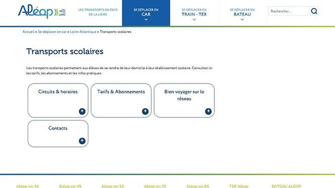 Capture d'écran du site web Aléop Transports scolaires Pays de la Loire