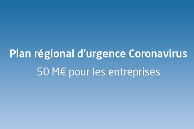 Texte sur fond bleu : Plan régional d'urgence Coronavirus 50M€ pour les entreprises