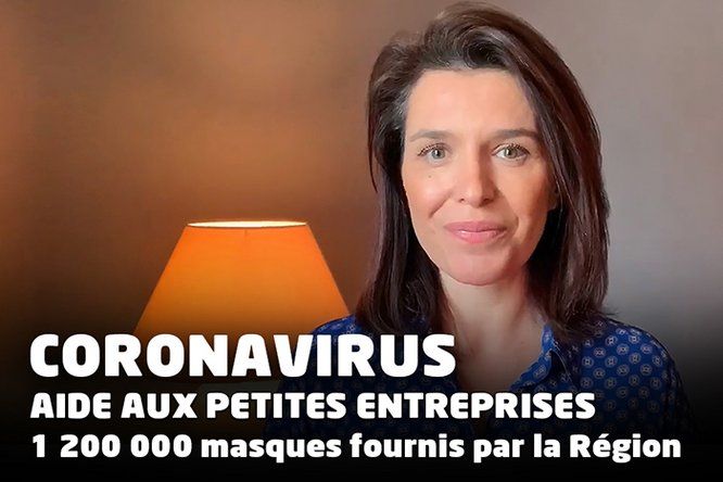 Portrait de Christelle Morançais. Texte : Coronavirus aide aux petites entreprises 1 200 000 masques fournis par la Région