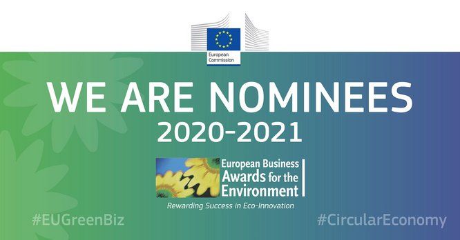 infographie avec texte : logo European Commission. "WE ARE NOMINEES 2020-2021. European Business awards for the environment. Rewarding success in Eco-Innovation. #EUGreenBiz #CirculardEconomy