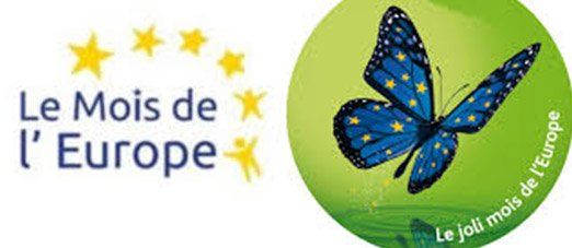 affiche avec texte : le mois de l'Europe + un papillon dans un médaillon