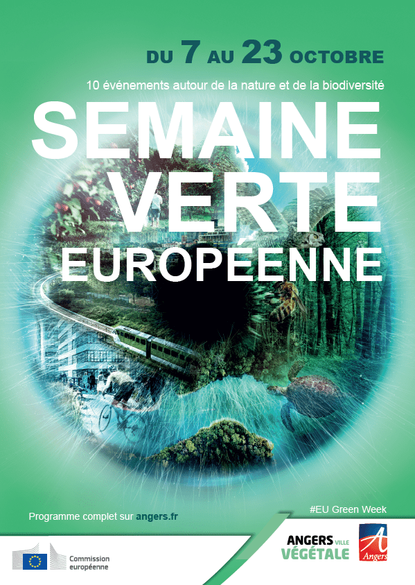 Affiche Angers Semaine européenne verte : du 7 au 23 octobre 2020 - affiche de couleur verte avec illustrations tortue cycliste train 