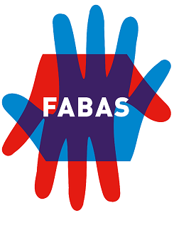 Logo avec deux mains qui se croisent en rouge et bleu du projet européen ERASMUS FABAS : Fight Against Bullying at School