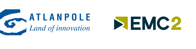 Logo Atlanpole avec texte en bleu : Atlanpole, Land of innovation suivi du logo de EMC2 avec texte en noir et vert EMC2