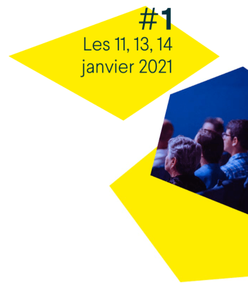 Quadrilatère jaune avec texte #1 les 11, 13 et 14 janvier 2021 ainsi qu'une image à fond bleu avec des personnes (un public) dedans