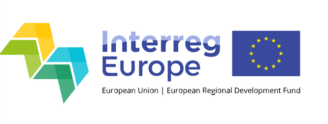 Logo de l'union européenne (drapeau bleu avec étoiles jaunes) avec texte : Interreg Europe et sous-titre : European Union, European Regional Development Fund