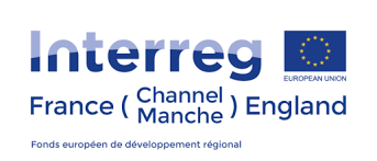 Logo Interreg bleu avec texte : France (Channel Manche) England - European Regional Development Fund avec logo Union Européenne