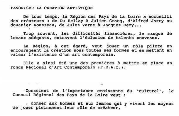 Extraits d'un rapport sur la politique culturelle régionale (1992).