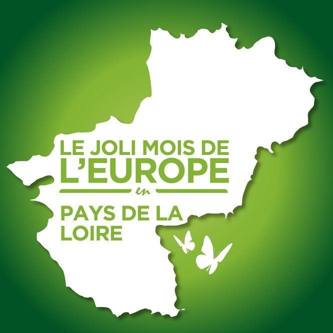 La forme de la Région Pays de la Loire se découpe en blanc sur un fonds vert avec un texte au centre : LE Joli Mois de l'Europe en Pays de la Loire