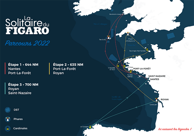 La Solitaire du Figaro. Parcours 2022. Etape 1 644 NM Nantes Portes La Forêt. Etape 2 635 NM Porte La Forêt Royan. Etape 3 700 NM Royan Saint-Nazaire. DST. Phares. Cardinales. ici naissent les légendes