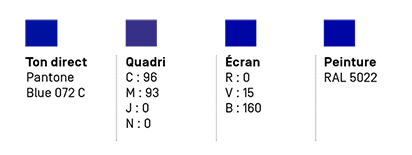 Ton direct Pantone Blue 072C. Quadri : C : 96 M : 93 J : 0 N : 0. Ecran : R :0 V : 15 B : 160. Peinture : RAL 5022