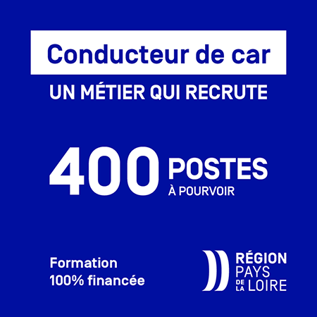 Conducteur de car. Un métier qui recrute. 400 postes à pourvoir. Formation 100% financée. Région Pays de la Loire