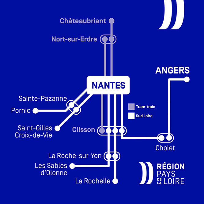 Châteaubriant. Nort-sur-Erdre. Nantes. Sainte-Pazanne. Pornic. Saint-Gilles-Croix-de-Vie. Clisson. La Roche-sur-Yon. Les Sables d'Olonne. La Rochelle. Angers. Cholet