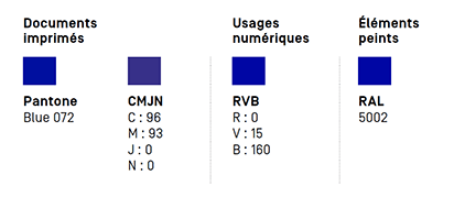 Ton direct Pantone Blue 072C. Quadri : C : 96 M : 93 J : 0 N : 0. Ecran : R :0 V : 15 B : 160. Peinture : RAL 5002