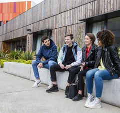 4 jeunes assis sur le muret devant leur lycée avec murs en bois et parterres de végétaux