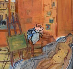 peinture de l'intérieur d'un appartement avec une femme qui semble endormie, nue sur un fauteuil, avec toiles et chevalets, fenêtres qui donnent sur la rue