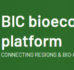 logo sur fond vert avec texte : BIC bioeconomy platforme, connecting regions & bio-based industry